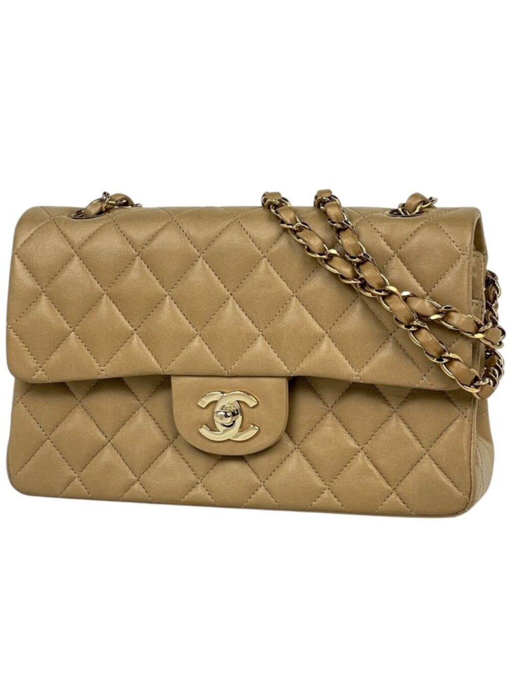 Chanel Shoulder Bag Quilted Double Flap CC Logo Leather Beige